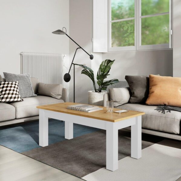 Mesa de centro elevable roble y blanca