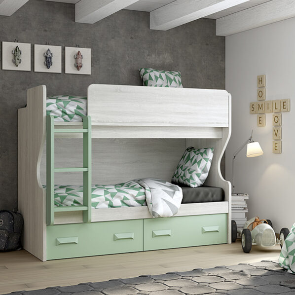 Cama litera con cajones color hibernian musgo.