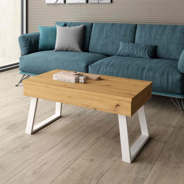 MESA DE CENTRO ELEVABLE MADERA Y PATA METÁLICA