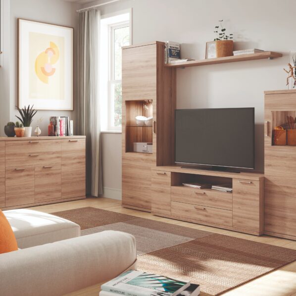 Mueble de salón apilable en madera con vitrinas