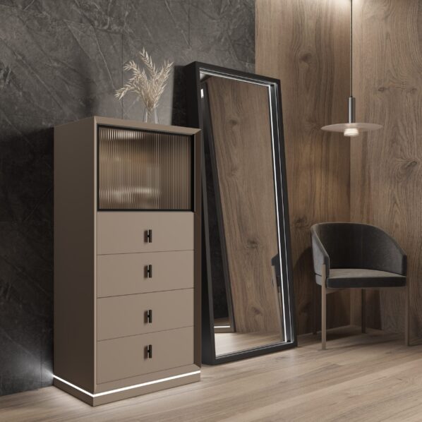 Dormitorio moderno Siena con cama flotante gris, mesitas de noche visón con cristal acanalado y luz LED.