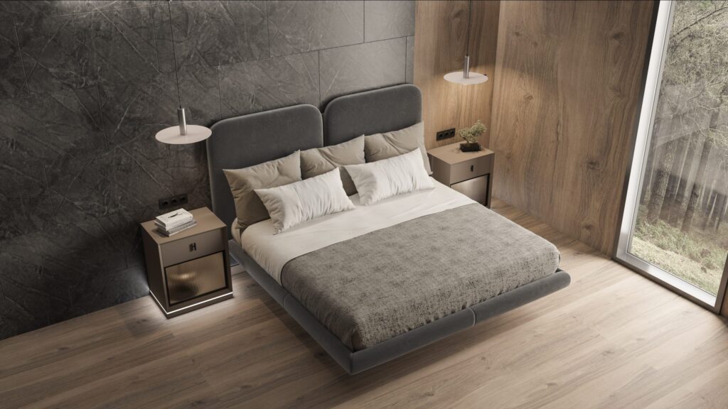 Dormitorio moderno Siena con cama flotante gris, mesitas de noche visón con cristal acanalado y luz LED.